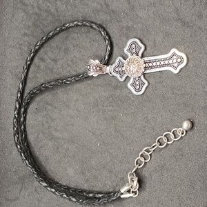 Goth cross leather cord lobster clasp